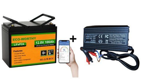 Комплект акумулятор&nbsp;Eco-Worthy с Bluetooth 12.8v 100Ah LiFePO4 із зарядним 14.6v 20a 2442182789 фото