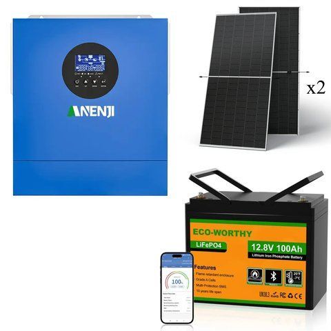 Комплект резервного живлення 1.2кВт: інвертор Anenji 2000W 12V ANJ-2000W-12V + акумулятора LiFePO4 Eco-Worthy 12.8V 100Агод 1280Wh +&nbsp;Сонячні панелі двосторонні: 2&times;Leapton 620W N-Type TOPCon 3078466852 фото