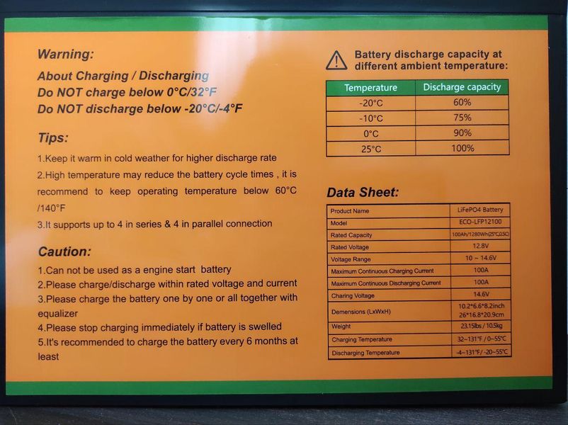 Акумулятор LiFePO4 12.8V 100Ah Eco-Worthy ECO-LFP12100 літій залізо фосфатний для сонячних систем ECO-LFP12100 фото