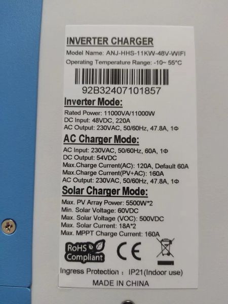 Комплект резервного питания 10кВт: гибридный солнечный инвертор ANJ-HHS-11KW-48V-WIFI + 2&times;аккумулятора LiFePO4 Eco-Worthy&nbsp;25.6V 100Ач 2560Wh + Солнечные панели двусторонние: 16&times;Leapton 620W N-Type TOPCon 3078664706 фото