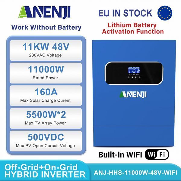 Комплект резервного питания 10кВт: гибридный солнечный инвертор ANJ-HHS-11KW-48V-WIFI + 2&times;аккумулятора LiFePO4 Eco-Worthy&nbsp;25.6V 100Ач 2560Wh + Солнечные панели двусторонние: 16&times;Leapton 620W N-Type TOPCon 3078664706 фото