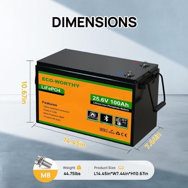 Аккумулятор LiFePO4 Eco-Worthy 25.6V 100Ач 2560Wh Bluetooth | BMS, >4000 циклов, литий-железо-фосфатная LiFePO4 24V 100Ah  (L13070402010-1) фото