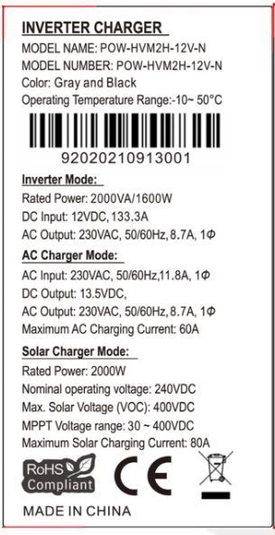 Гібридний інвертор сонячний PowMr 1600W 12V POW-HVM2H-12V-N 1.6kW 12V чиста синусоїда (2000VA/1600W, Max CH 80A, AC 60) POW-HVM2H-12V-N фото
