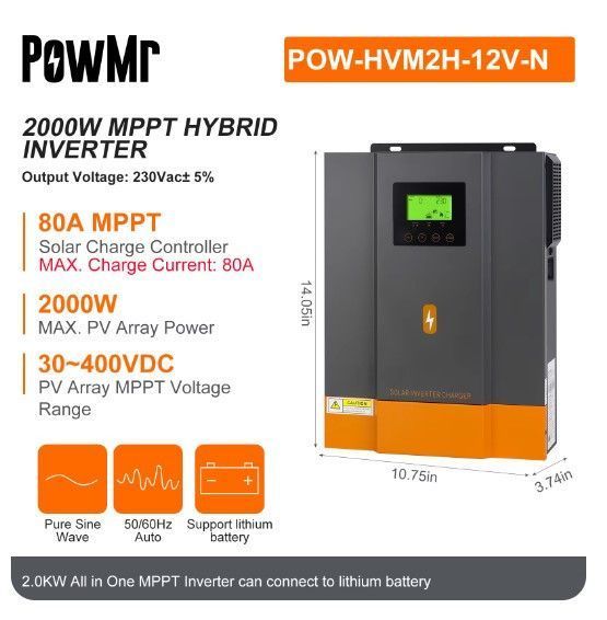 Гібридний інвертор сонячний PowMr 1600W 12V POW-HVM2H-12V-N 1.6kW 12V чиста синусоїда (2000VA/1600W, Max CH 80A, AC 60) POW-HVM2H-12V-N фото